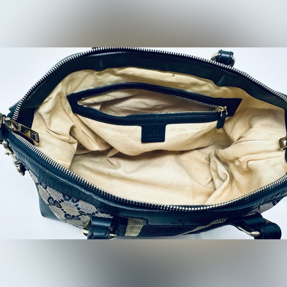 Gucci Vintage Blue & Gold Canvas & Leather Satchel . NO CROSSBODY STRAP. - Picture 7 of 13